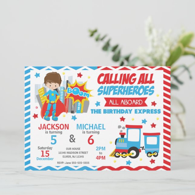 Superhero & Train Joint Birthday Invitation (Standing Front)