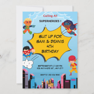 Superhero Twin 4th Birthday Party Invitation 