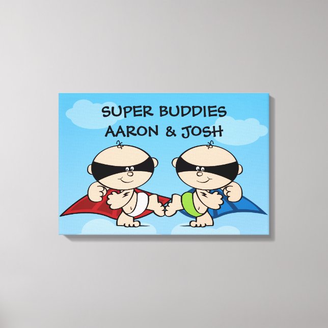Superhero Twin Boys Personalised Canvas Wall Art (Front)