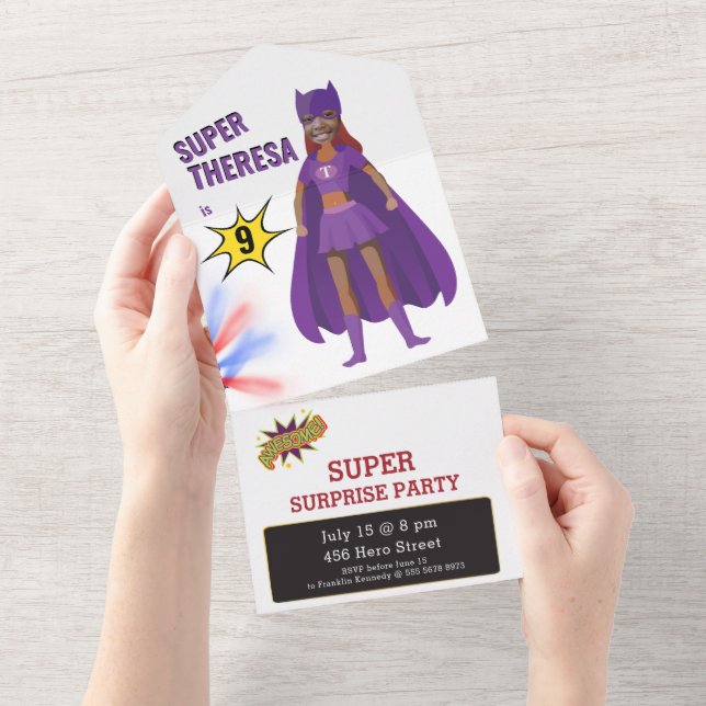 Superhero Ultimate Girl Birthday  All In One Invitation (Tearaway)