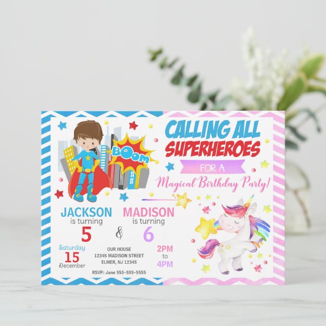 Superhero & Unicorn Joint Birthday Invitation (Standing Front)
