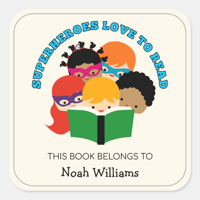 Superheroes Love to Read Personalised Bookplates Square Sticker (Front)