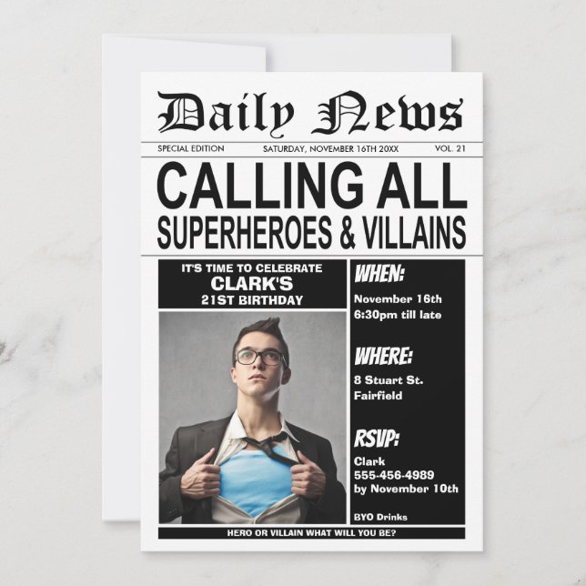 Superheroes or Villains Birthday Party Superhero Invitation (Front)