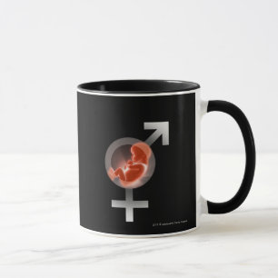 Superimposed foetus over male and female symbols mug