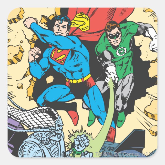 Superman & Green Lantern Fight Brainiac Square Sticker (Front)