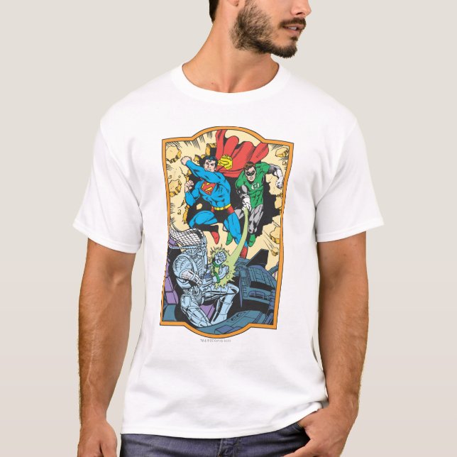 Superman & Green Lantern Fight Brainiac T-Shirt (Front)