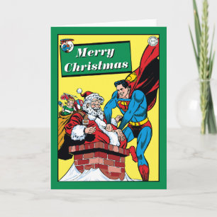 Superman Helping Santa Claus Down The Chimney Holiday Card