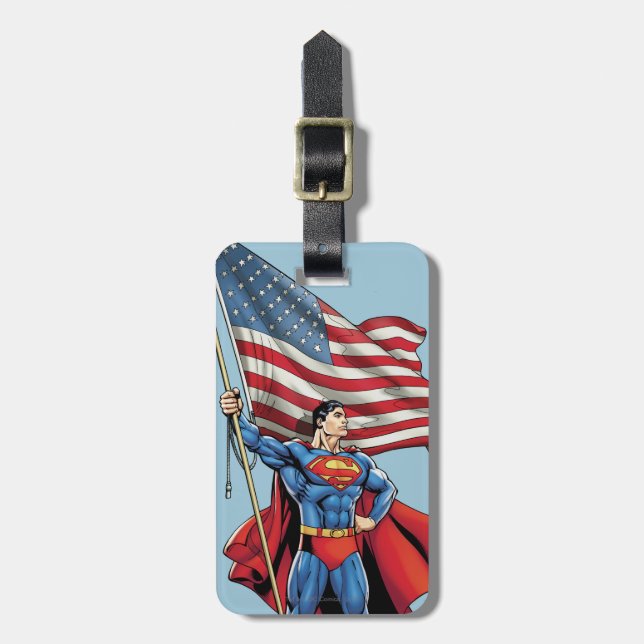 Superman Holding US Flag Luggage Tag (Front Vertical)
