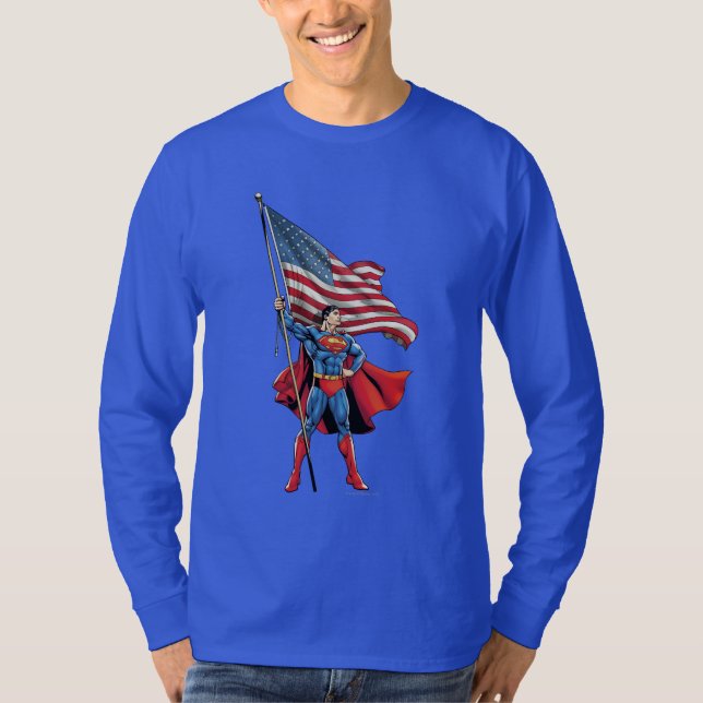 Superman Holding US Flag T-Shirt (Front)