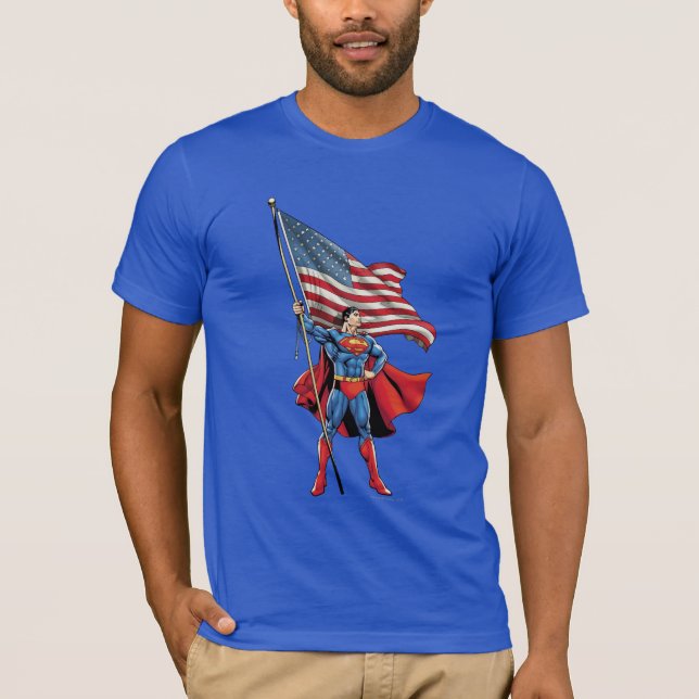 Superman Holding US Flag T-Shirt (Front)