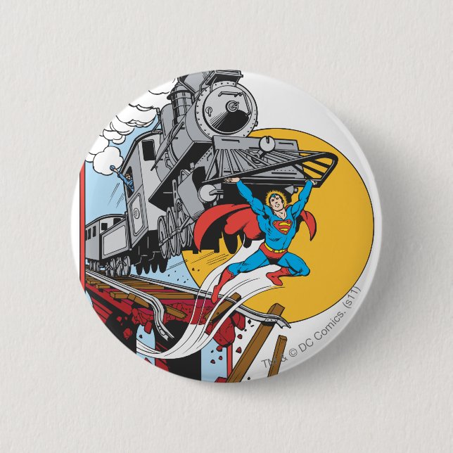 Superman Lifts Train 6 Cm Round Badge (Front)