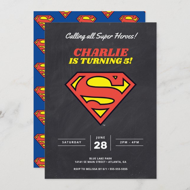 Superman Logo | Chalkboard Super Hero Birthday Invitation (Front/Back)