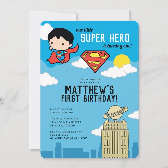 Superman Super Hero First Birthday Invitation (Front)