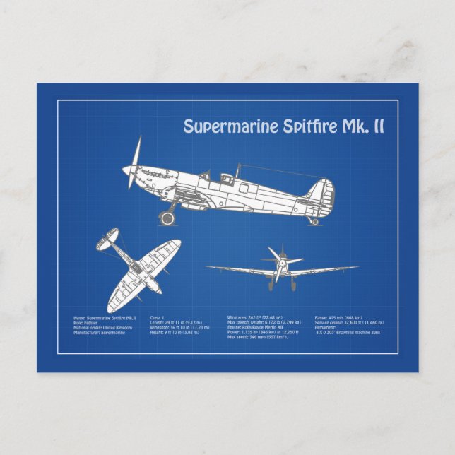 Supermarine Spitfire - Aeroplane Blueprint ABD Postcard (Front)