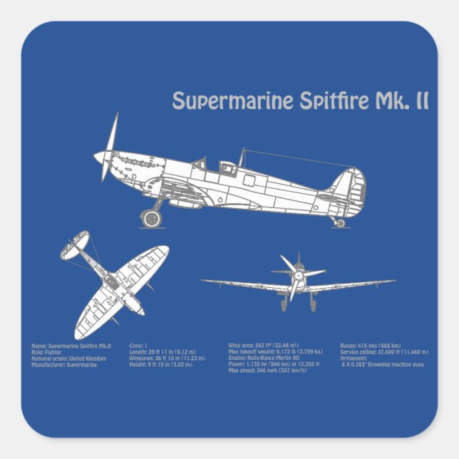 Supermarine Spitfire - Aeroplane Blueprint ABD Square Sticker (Front)