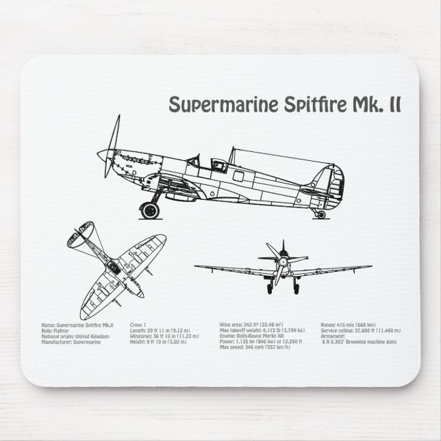 Supermarine Spitfire - Aeroplane Blueprint BD Mouse Mat (Front)