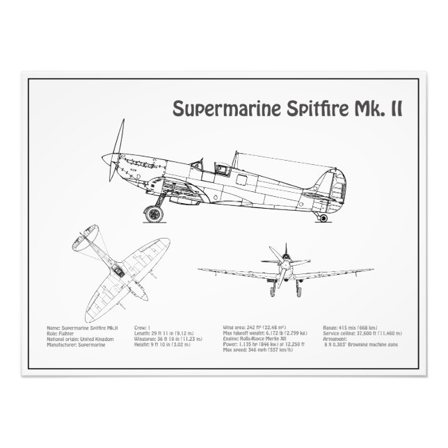 Supermarine Spitfire - Aeroplane Blueprint BD Photo Print (Front)