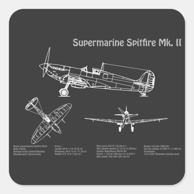 Supermarine Spitfire - Aeroplane Blueprint PD Square Sticker (Front)