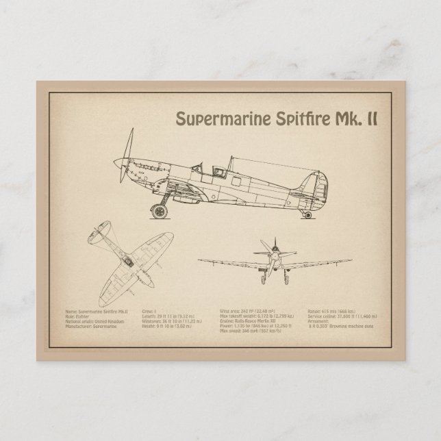 Supermarine Spitfire - Aeroplane Blueprint SD Postcard (Front)