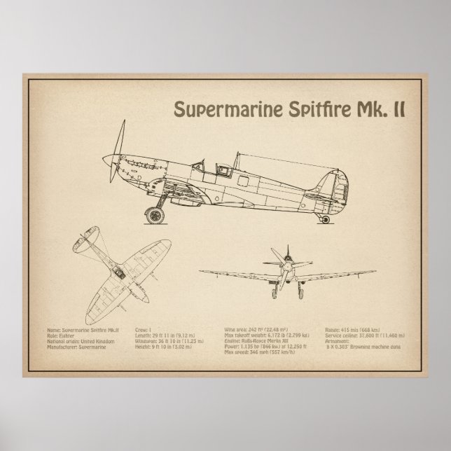 Supermarine Spitfire - Aeroplane Blueprint SD Poster (Front)