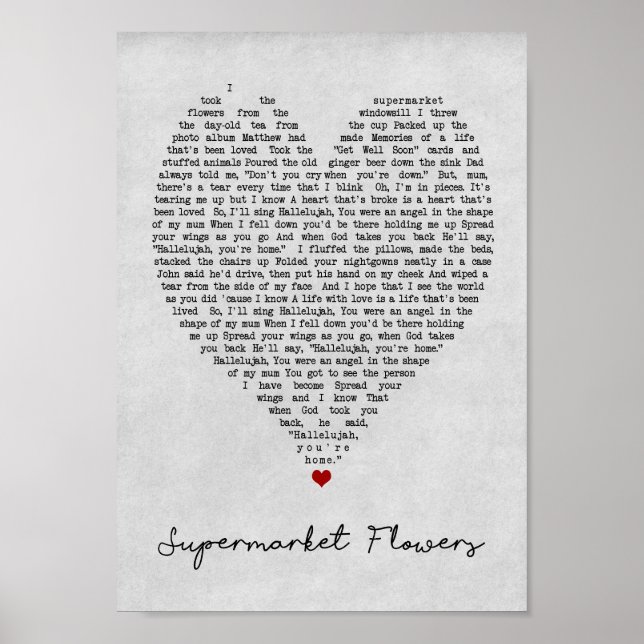 Supermarket Flowers Grey Heart Song Lyric Print (Front)