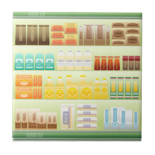 supermarket shelf coffee tea grains tile