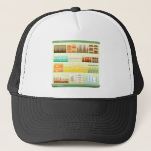 supermarket shelf coffee tea grains trucker hat