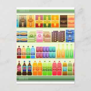 supermarket shelf products snacks postcard