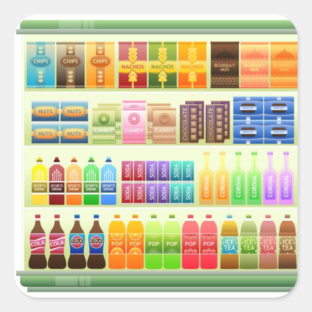 supermarket shelf products snacks square sticker (Front)