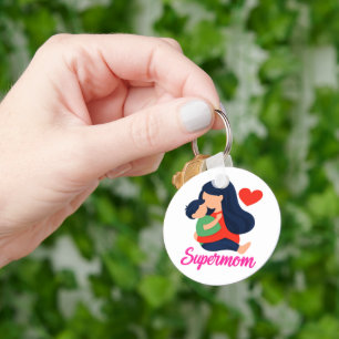 Supermom Cute Mother and Child Illustrated Keychai Key Ring