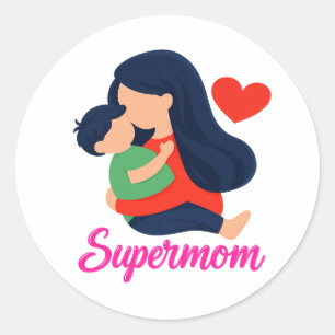 Supermom Cute Mother and Child Round Sticker