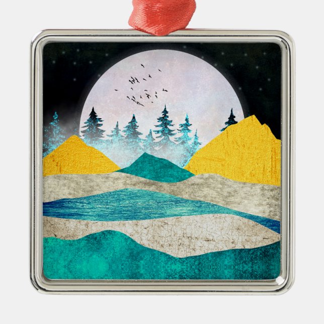 Supermoon Rising Landscape Metal Tree Decoration (Front)