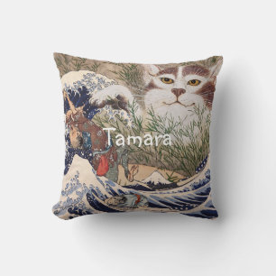 Supernatural Cat at the Great Wave Cushion
