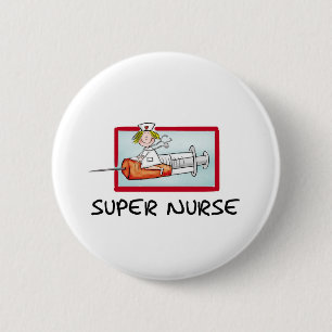 supernurse - Humourous Cartoon Nurse on Syringe. 6 Cm Round Badge