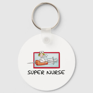 supernurse - Humourous Cartoon Nurse on Syringe. Key Ring