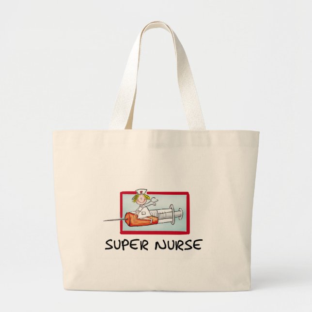 supernurse - Humourous Cartoon Nurse on Syringe. Large Tote Bag (Front)