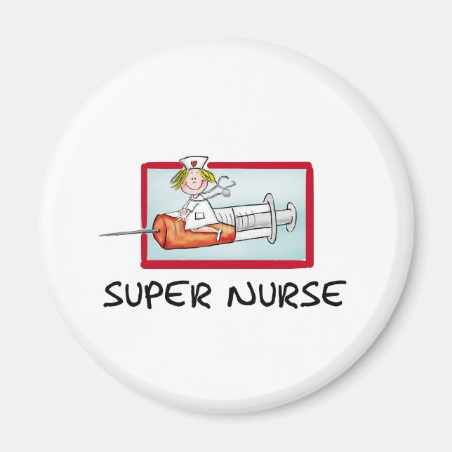 supernurse - Humourous Cartoon Nurse on Syringe. Magnet (Front)