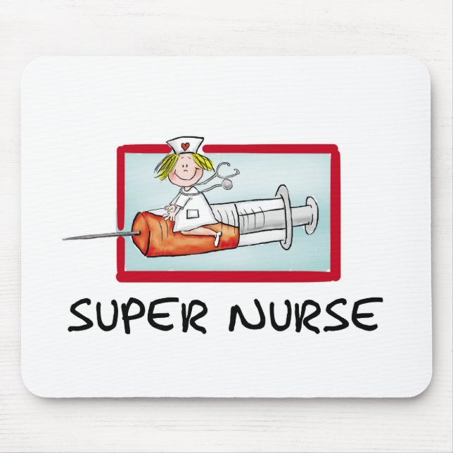 supernurse - Humourous Cartoon Nurse on Syringe. Mouse Mat (Front)
