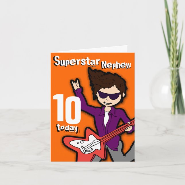Superstar Nephew 10th birthday orange red boy card (Front)