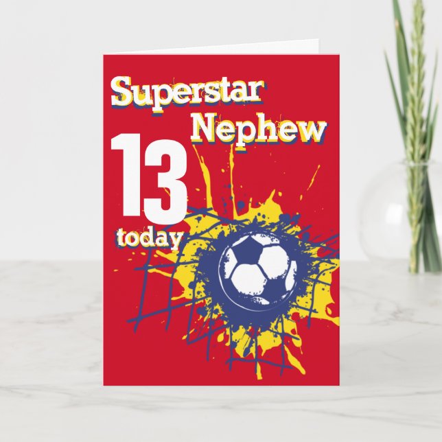 Superstar Nephew 13th birthday soccer sport red Card (Front)