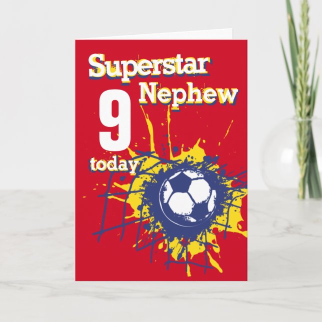 Superstar Nephew 9th birthday soccer sport red Card (Front)
