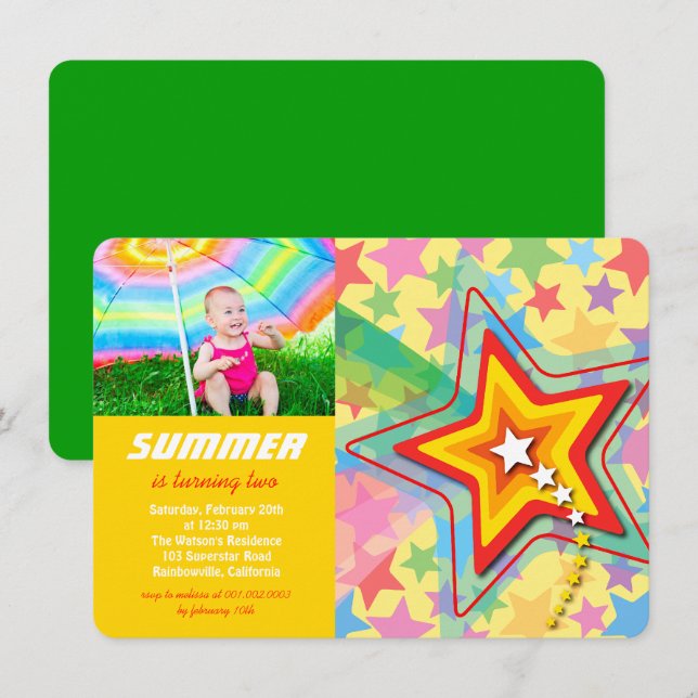 Superstar Rainbow Colourful Birthday Party Invite (Front/Back)