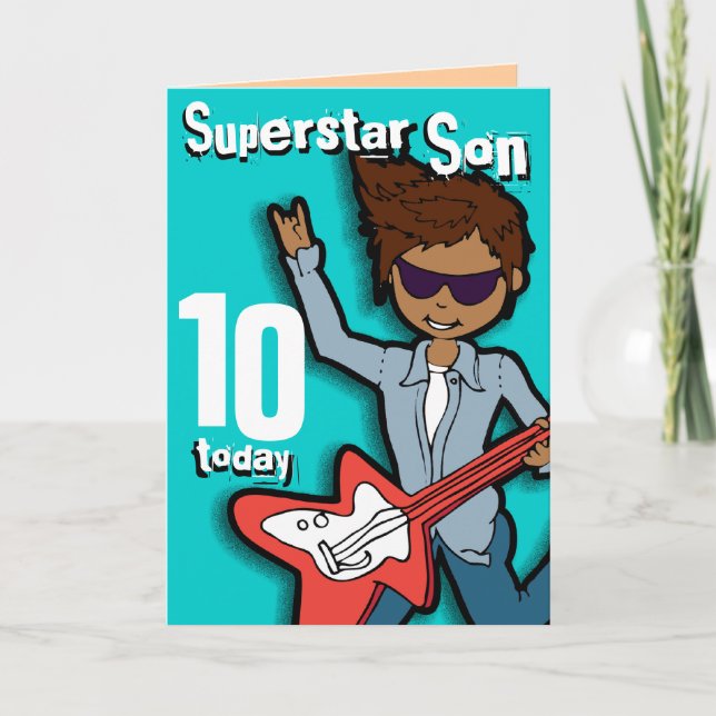 Superstar Son 10th birthday aqua boy card (Front)