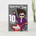 Superstar Son 10th birthday gray red boy card<br><div class="desc">This card says "Superstar Son 10 today. Inside: "Happy Birthday". Or customize with your own words. Fun card featuring a boy with dark hair and light skin illustration and design by Sarah Trett.</div>