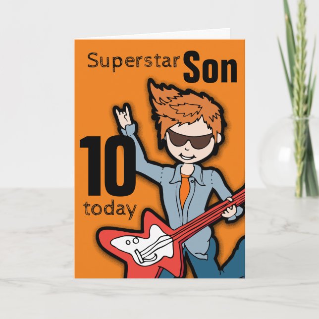Superstar Son 10th birthday orange boy card (Front)