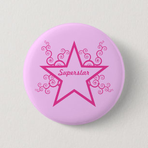 Superstar Swirls Button, Bright Pink 6 Cm Round Badge