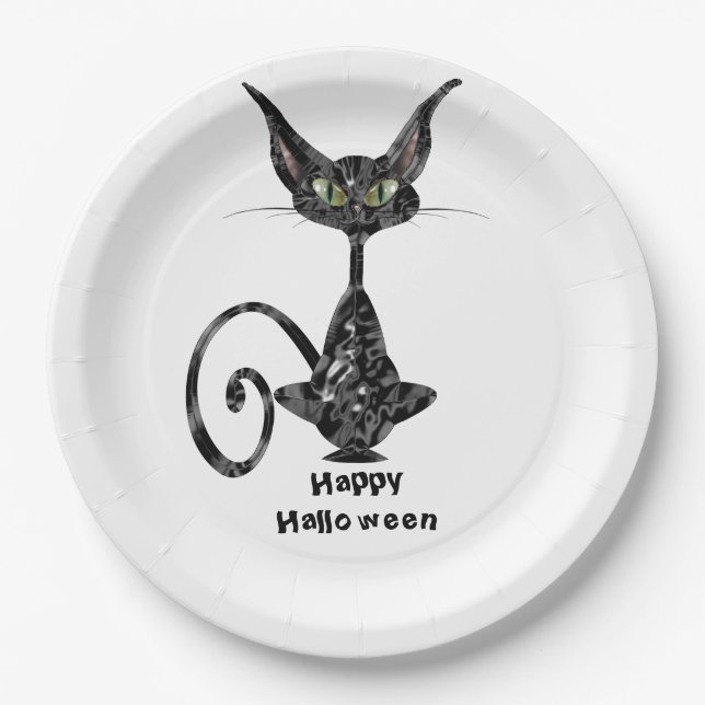 Superstitious Black Cat Halloween Party Paper Plate (Front)