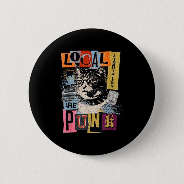 Support local library funny cat reading book y2k 6 cm round badge (Front)