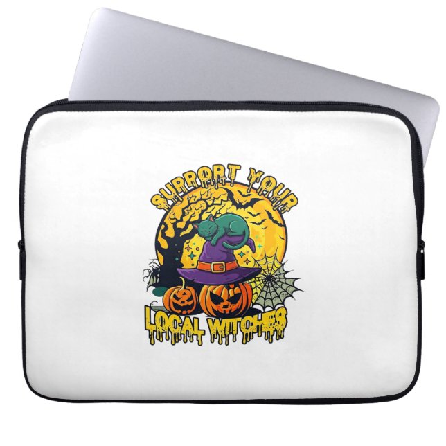 Support Local Witches Halloween Cat Witch Hat Pump Laptop Sleeve (Front)