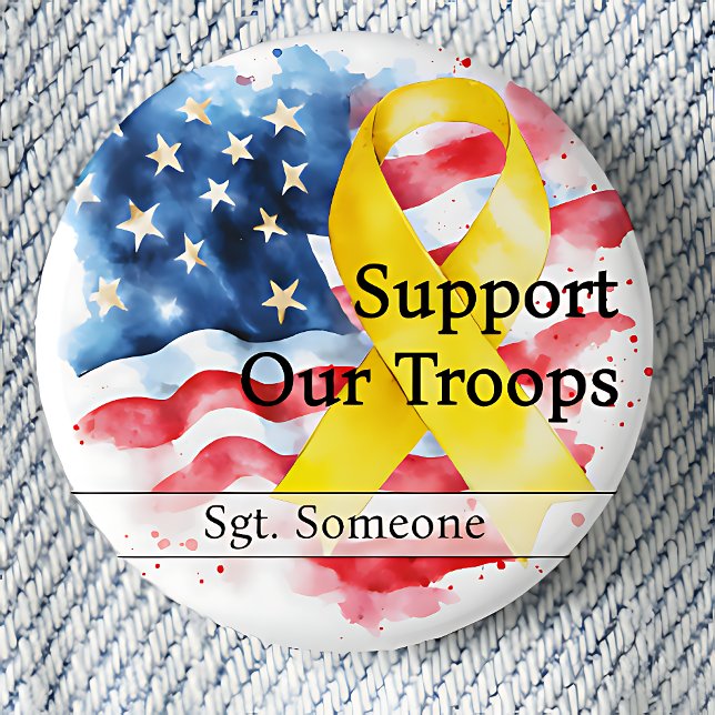 Support Our Troops Yellow Awareness Ribbon Small 3 Cm Round Badge (Small Support Our Troops Pinback Button.  Yellow Ribbon.  US Flag.)
